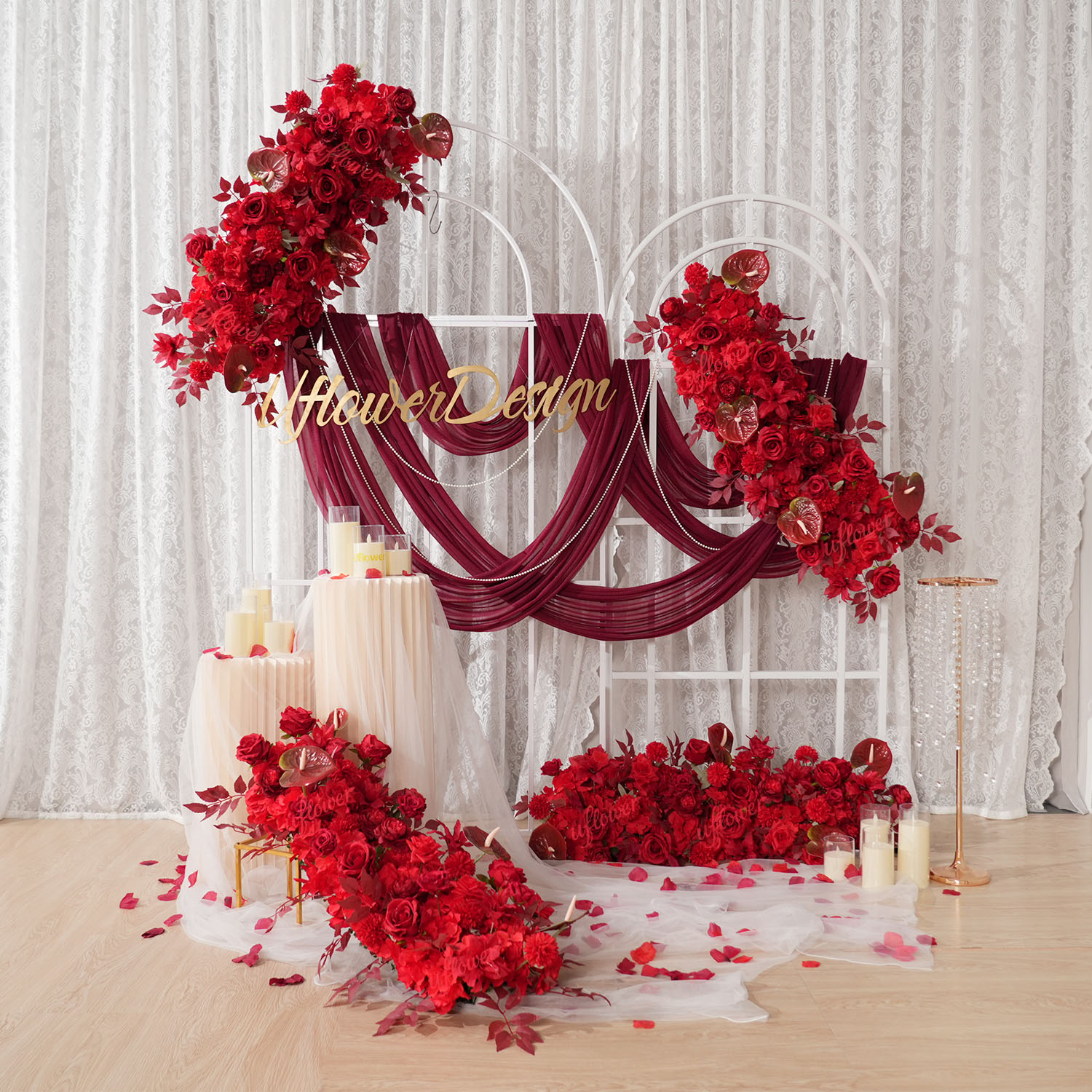 Home Decor Event - Uflower الأحمر زهرة صف الزفاف قوس